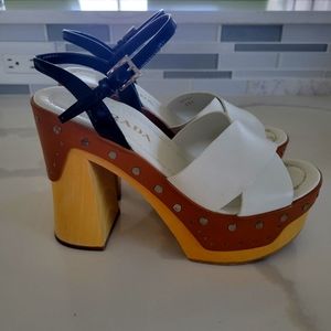 Prada wooden- heeled white leather platform